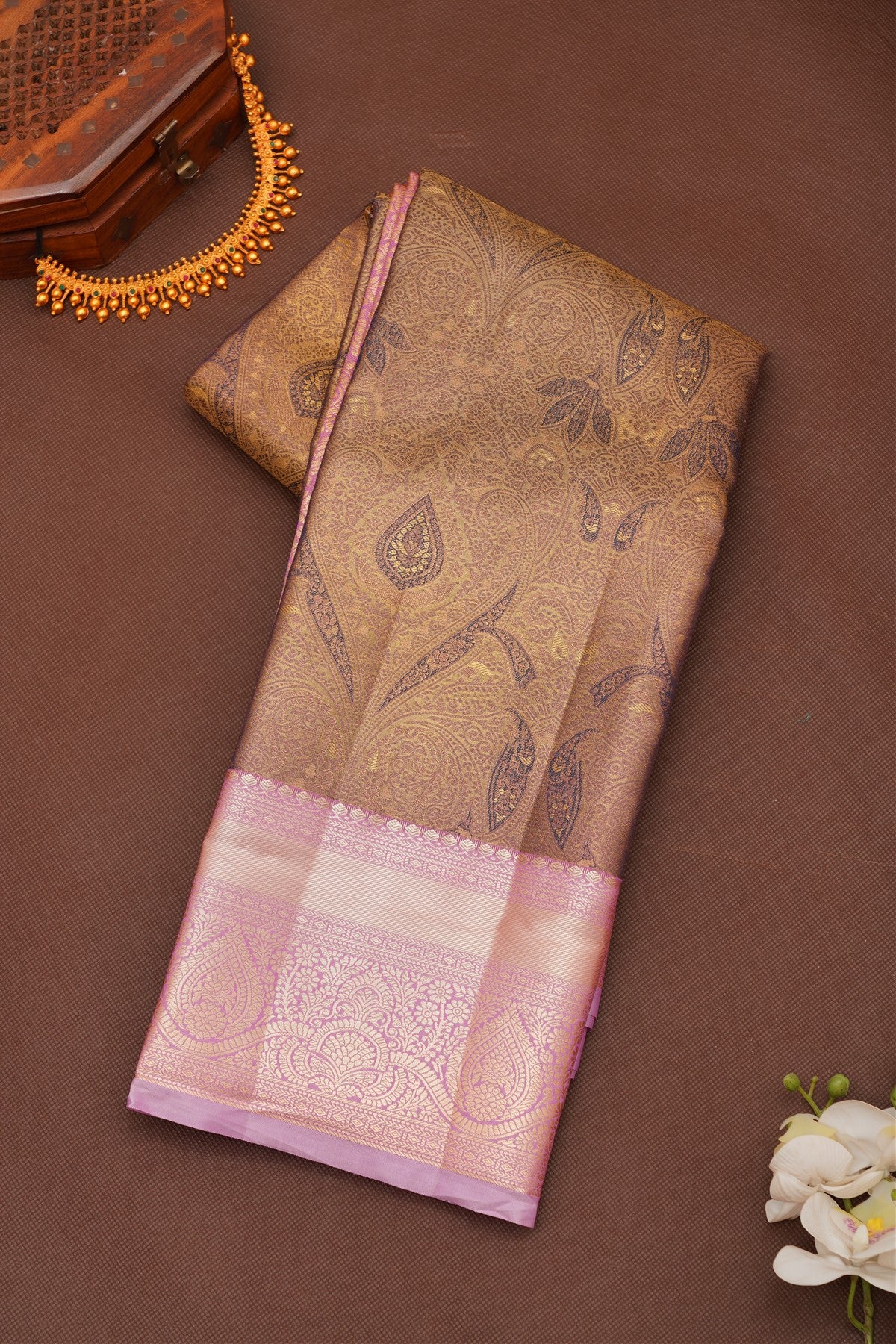 Semi Pattu Silk Blend Dark Olive Green Saree