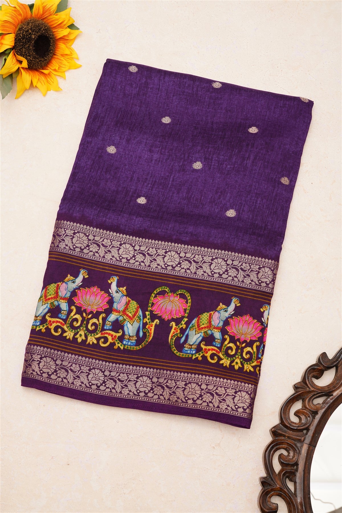 Fancy Dola Silk Violet Tanjore Print Saree