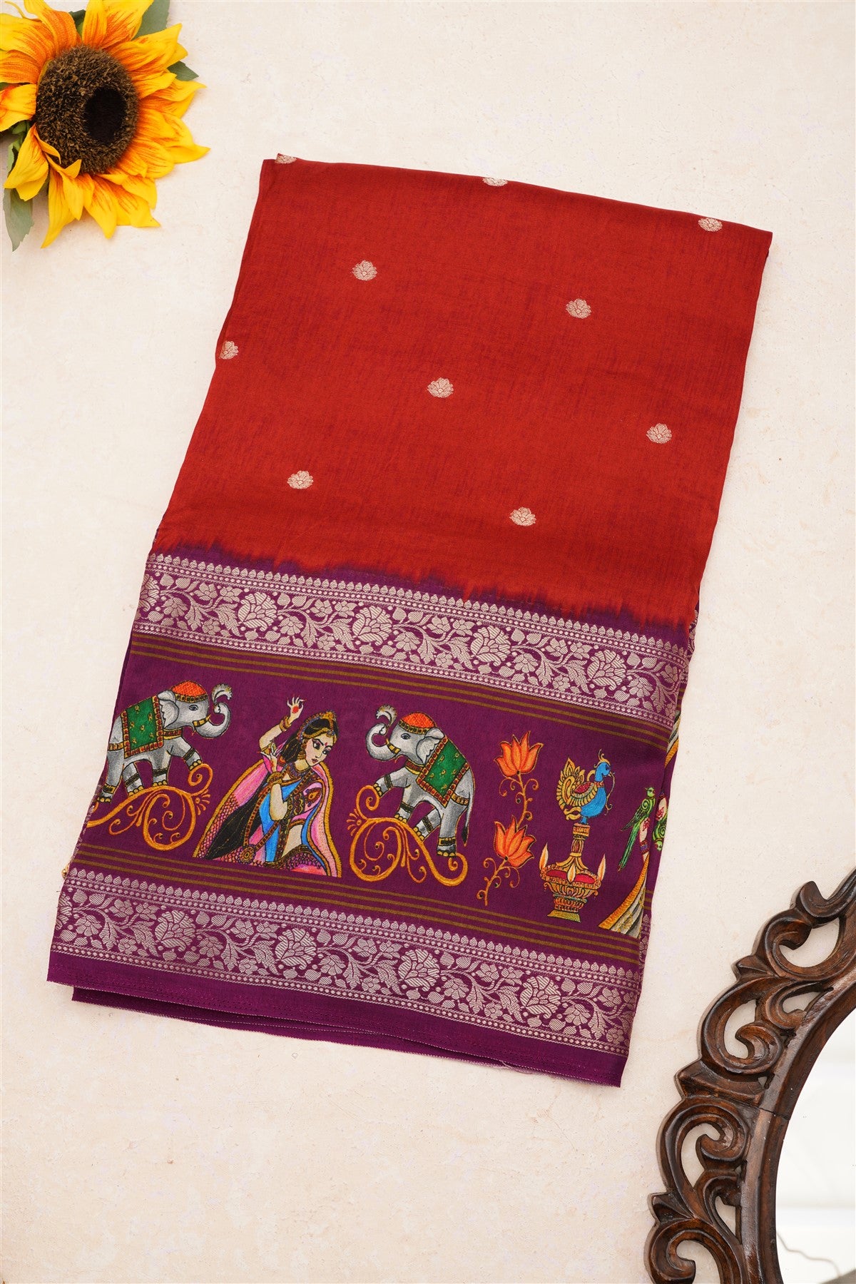 Fancy Dola Silk Maroon Tanjore Print Saree