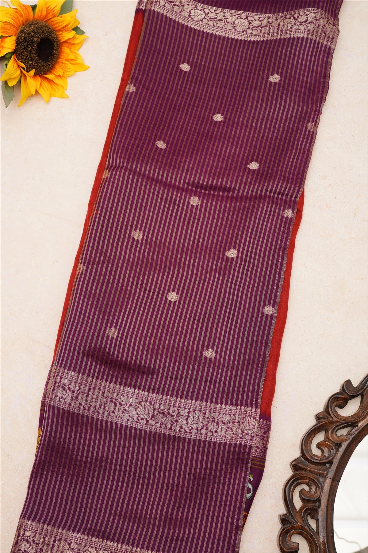 Fancy Dola Silk Maroon Tanjore Print Saree