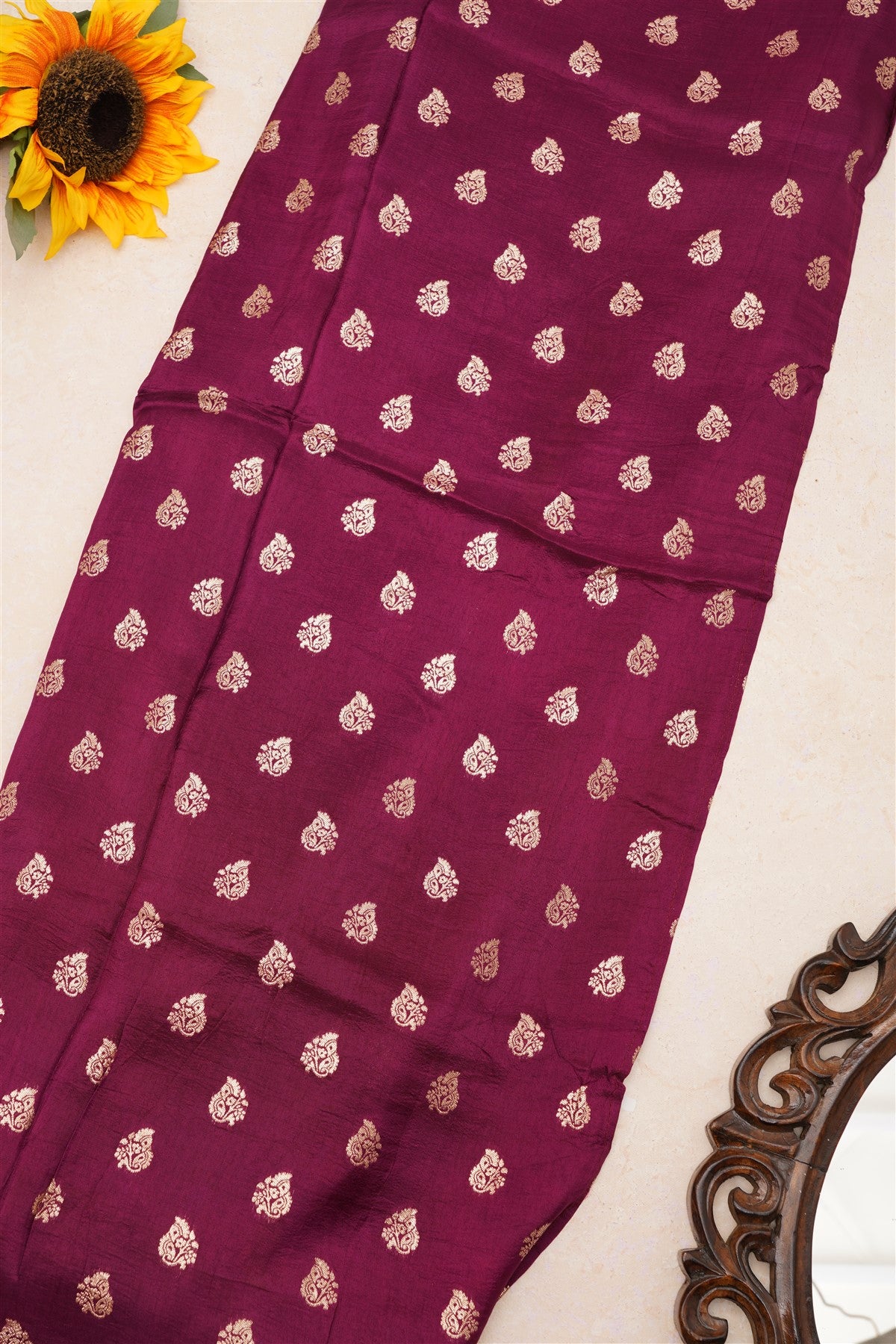 Fancy Dola Silk Maroon Tanjore Print Saree