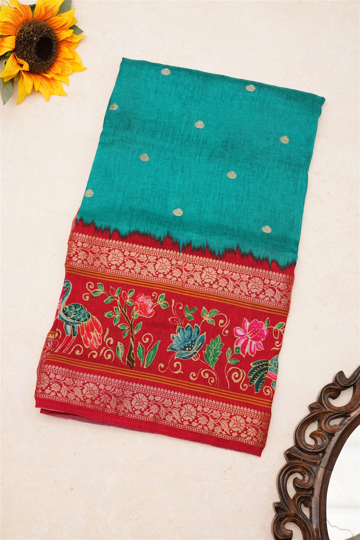 Fancy Dola Silk Green Tanjore Print Saree