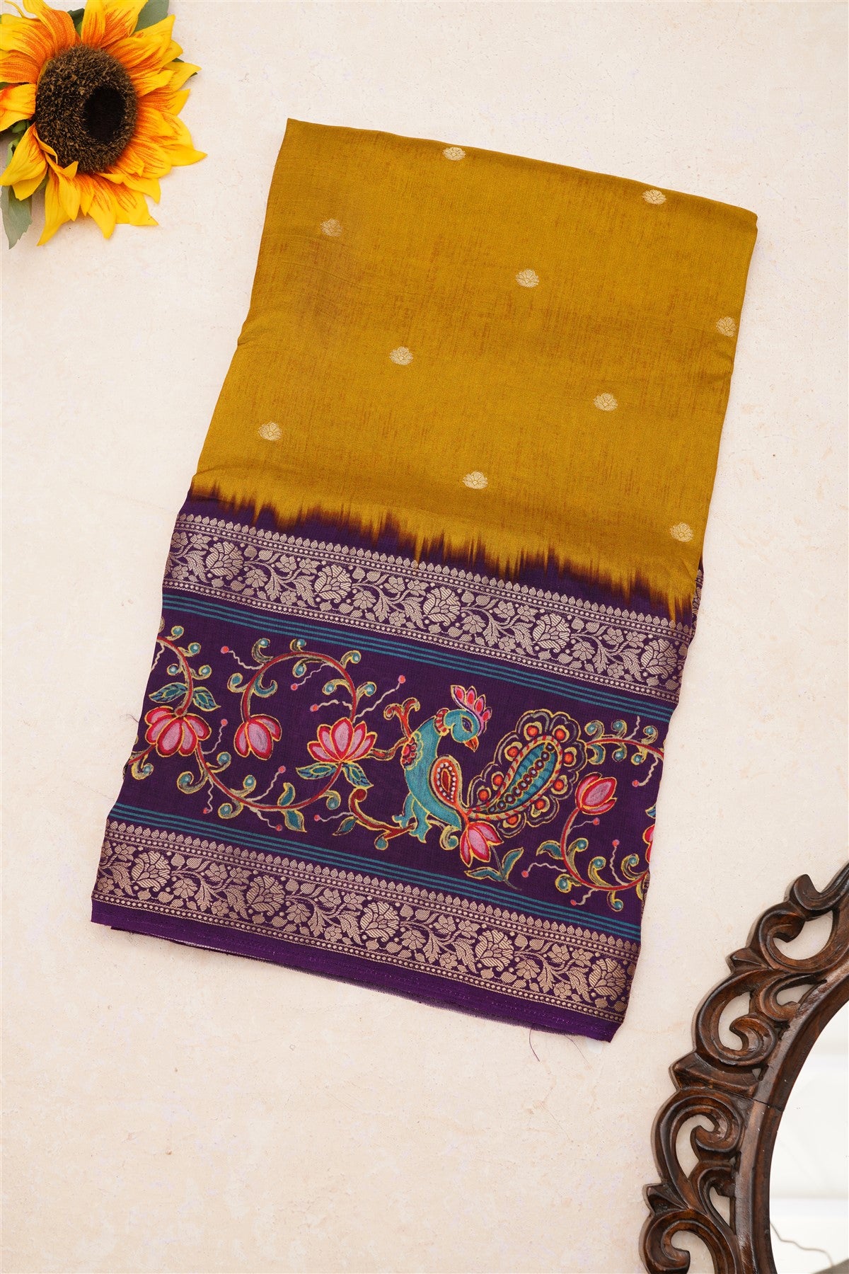 Fancy Dola Silk Olive Green Tanjore Print Saree