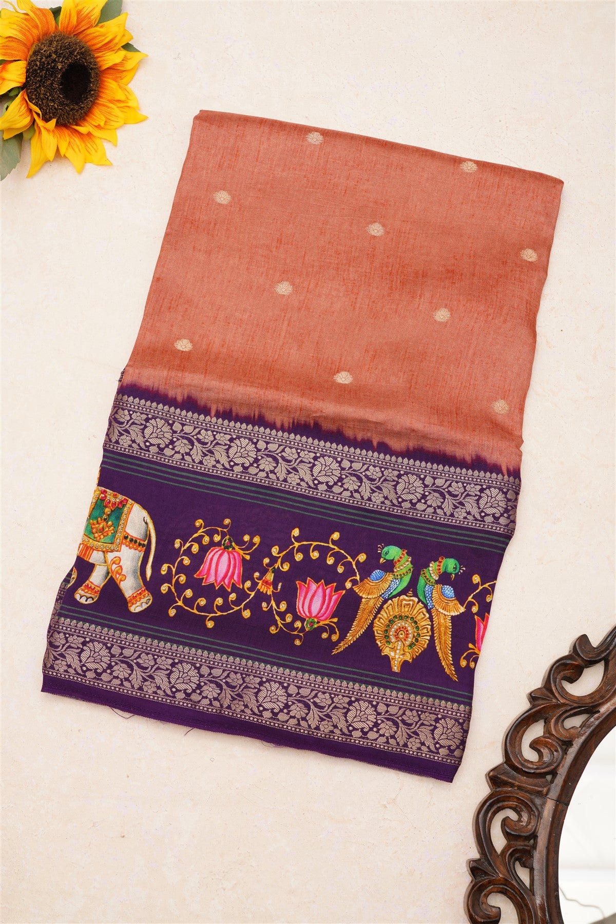 Fancy Dola Silk Dusty Pink Tanjore Print Saree