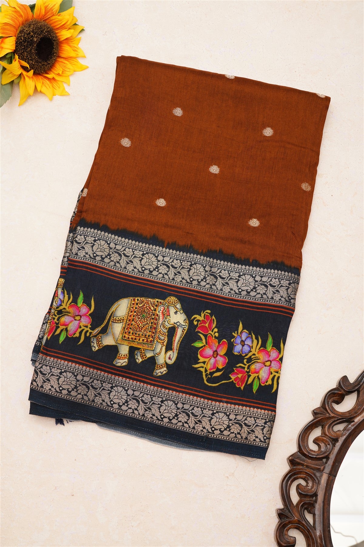 Fancy Dola Silk Brown Tanjore Print Saree