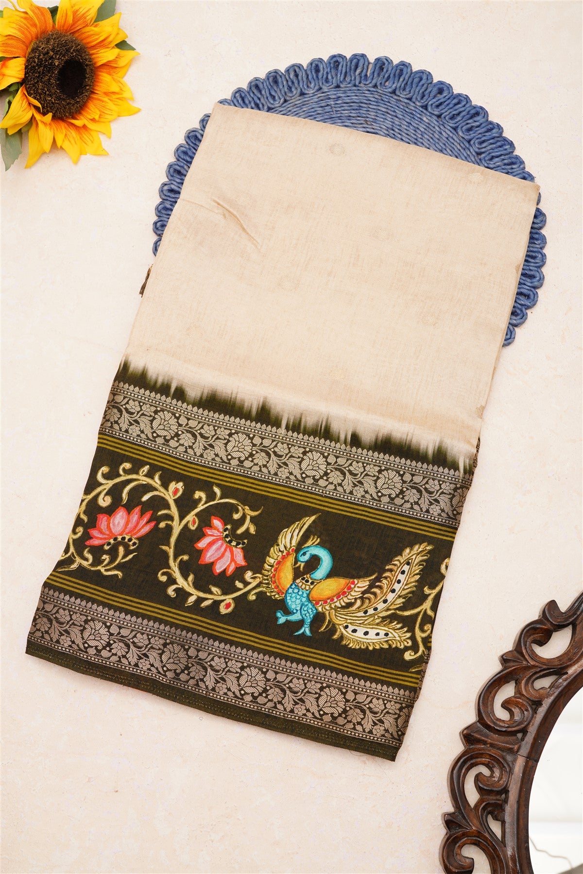 Fancy Dola Silk Cream Tanjore Print Saree