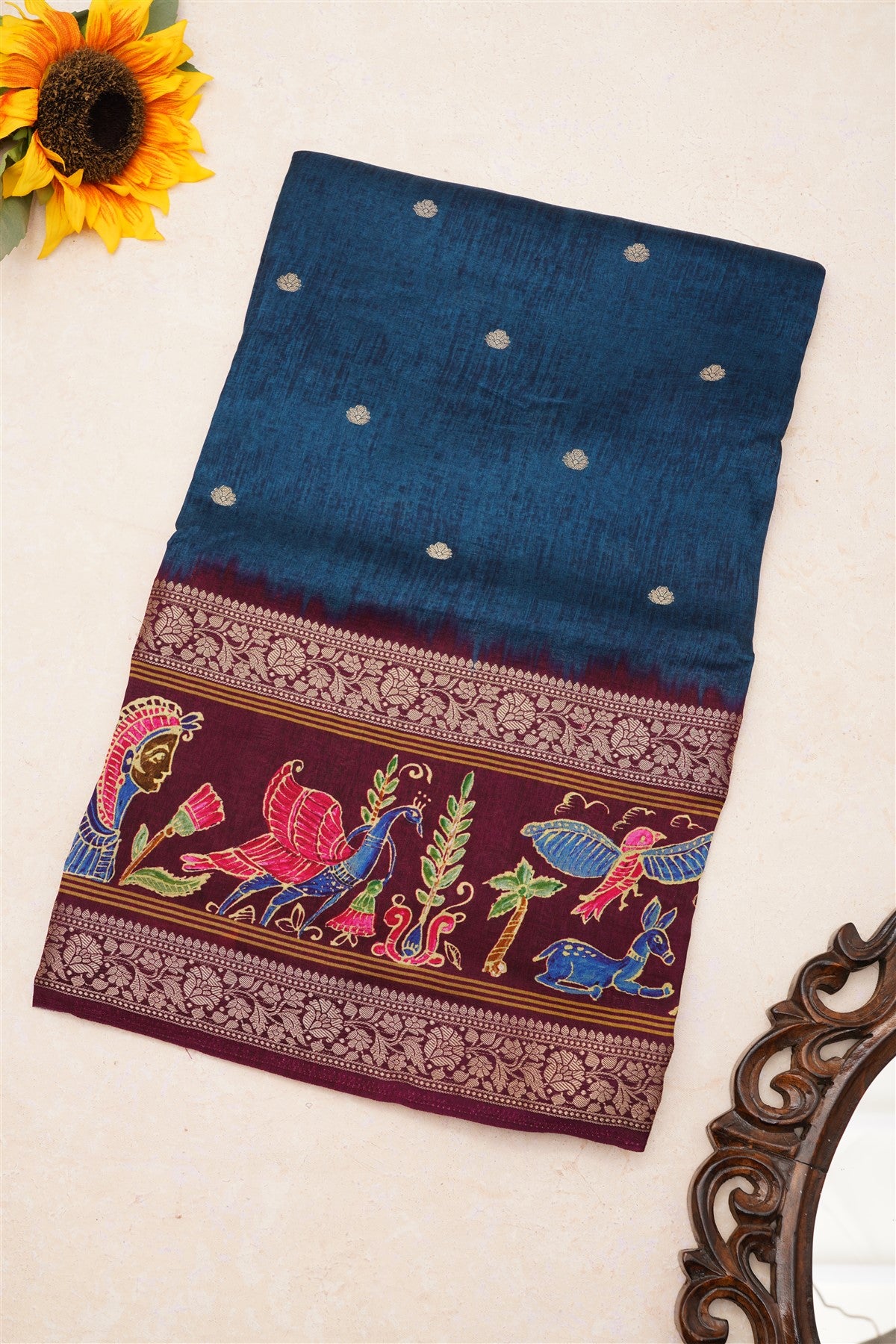 Fancy Dola Silk Dark Blue Tanjore Print Saree