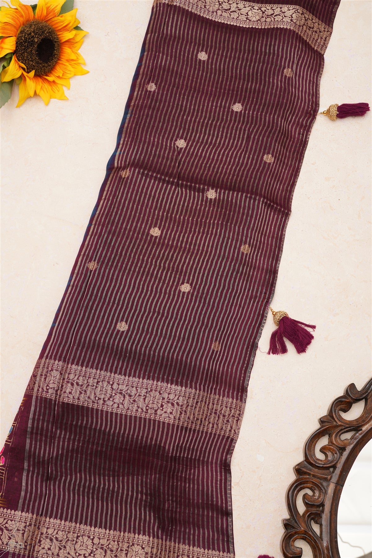 Fancy Dola Silk Dark Blue Tanjore Print Saree