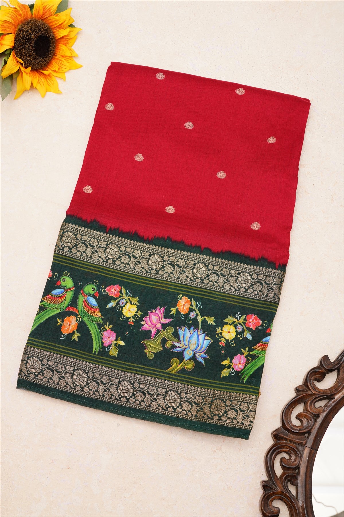 Fancy Dola Silk Maroon Tanjore Print Saree