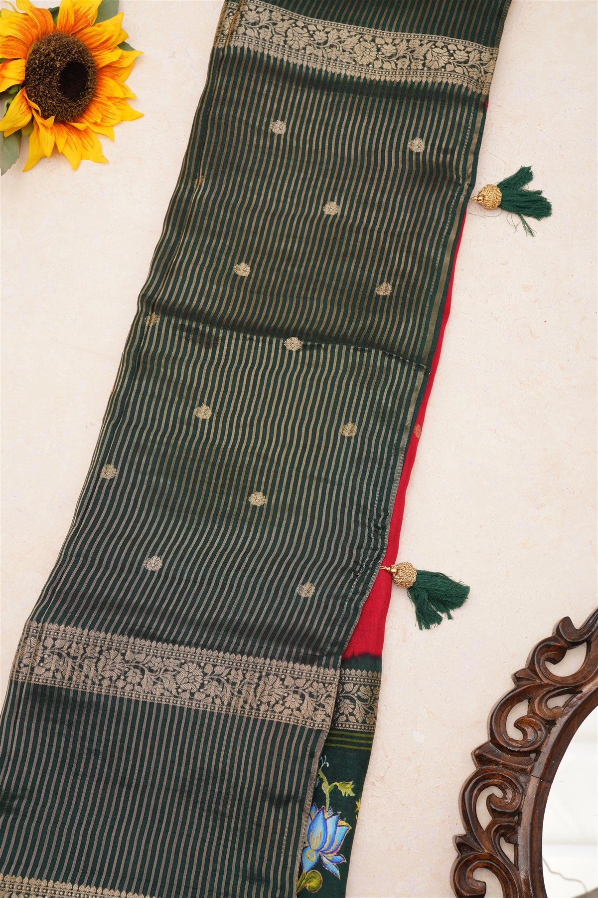 Fancy Dola Silk Maroon Tanjore Print Saree
